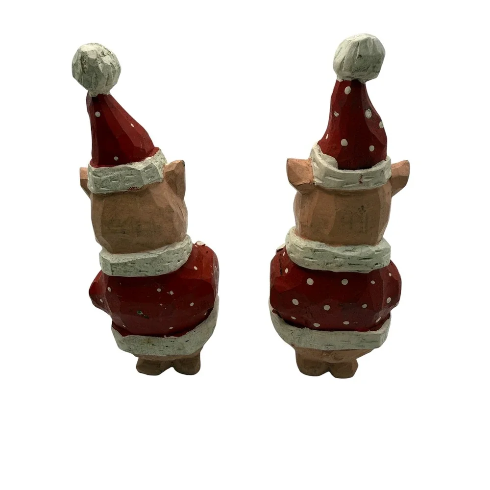 Vintage Style Hand Carved Wood Christmas Pig Figurines Santa Suit Set of 2